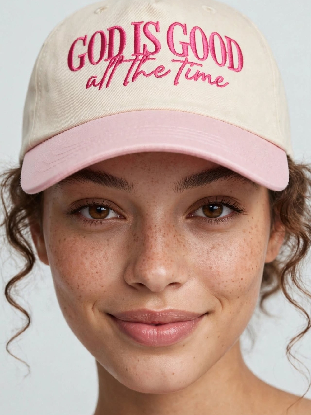 Embroidered 'God Is Good' Baseball Cap - Cream & Pink